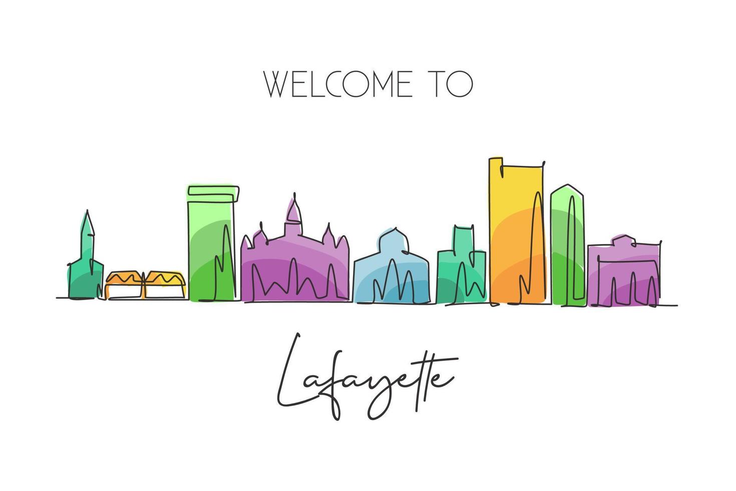 um desenho de linha contínua do horizonte da cidade de lafayette, louisiana. belo marco. impressão do poster da decoração da parede da casa da viagem da paisagem do mundo. ilustração em vetor desenho de desenho de linha única elegante