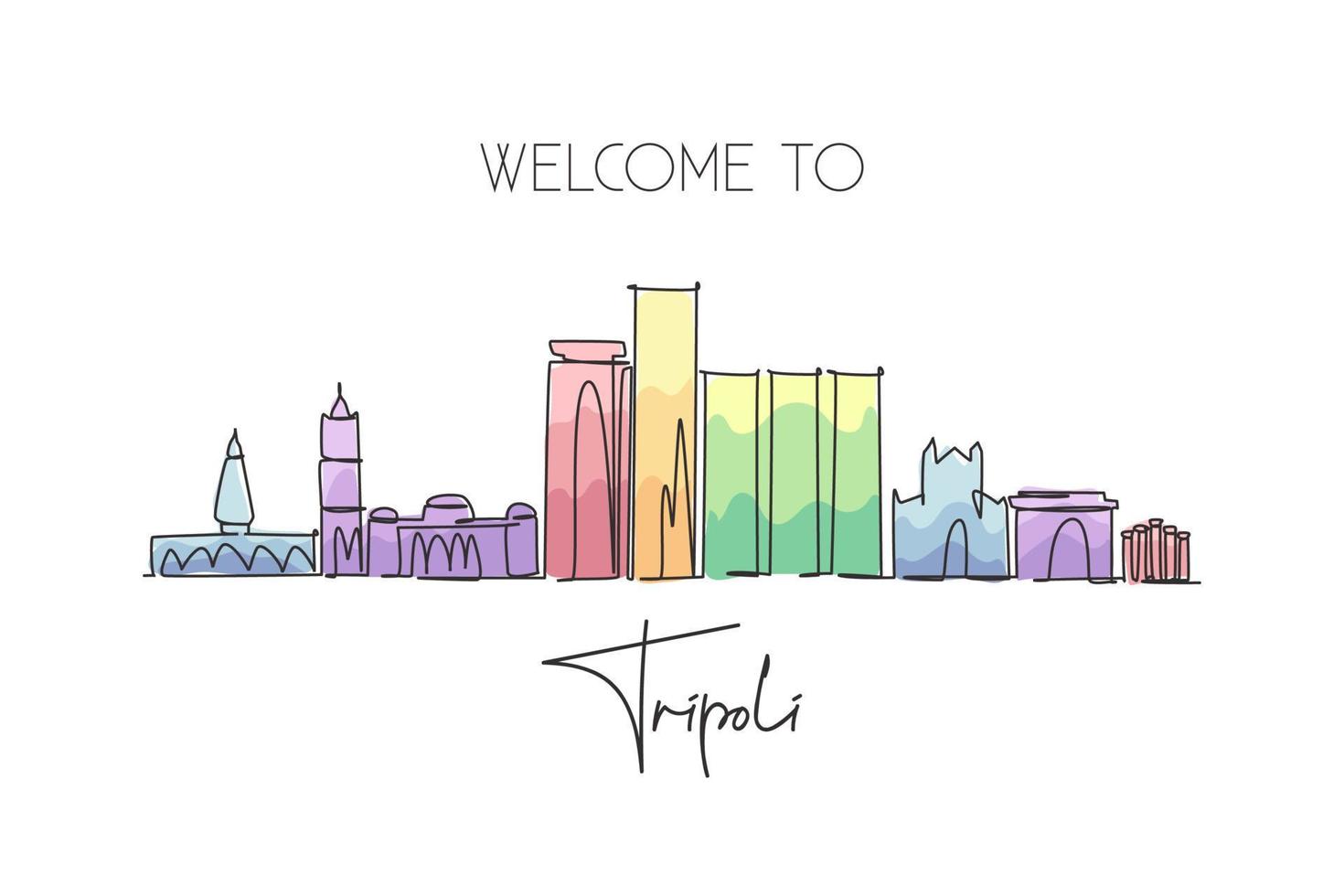 um desenho de linha contínua do horizonte da cidade de tripoli, líbia. belo marco da cidade. turismo de paisagem mundial e férias de viagem. ilustração vetorial de design de desenho de linha única de traço elegante editável vetor