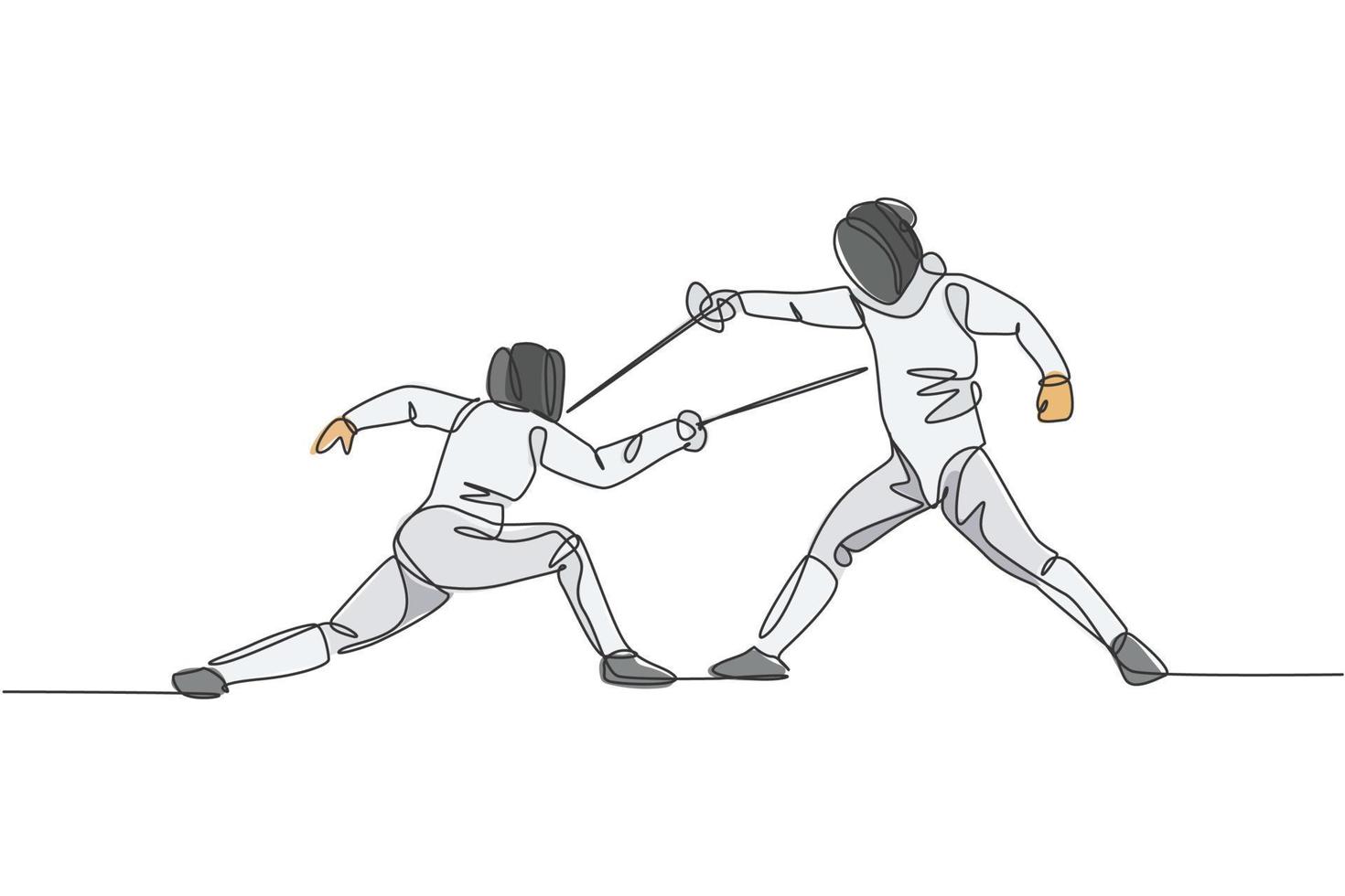 um único desenho de linha de dois jovens esgrimista em movimento de exercício de traje de esgrima na ilustração vetorial de arena de esporte. conceito de esporte combativo e de luta. design moderno de desenho de linha contínua vetor