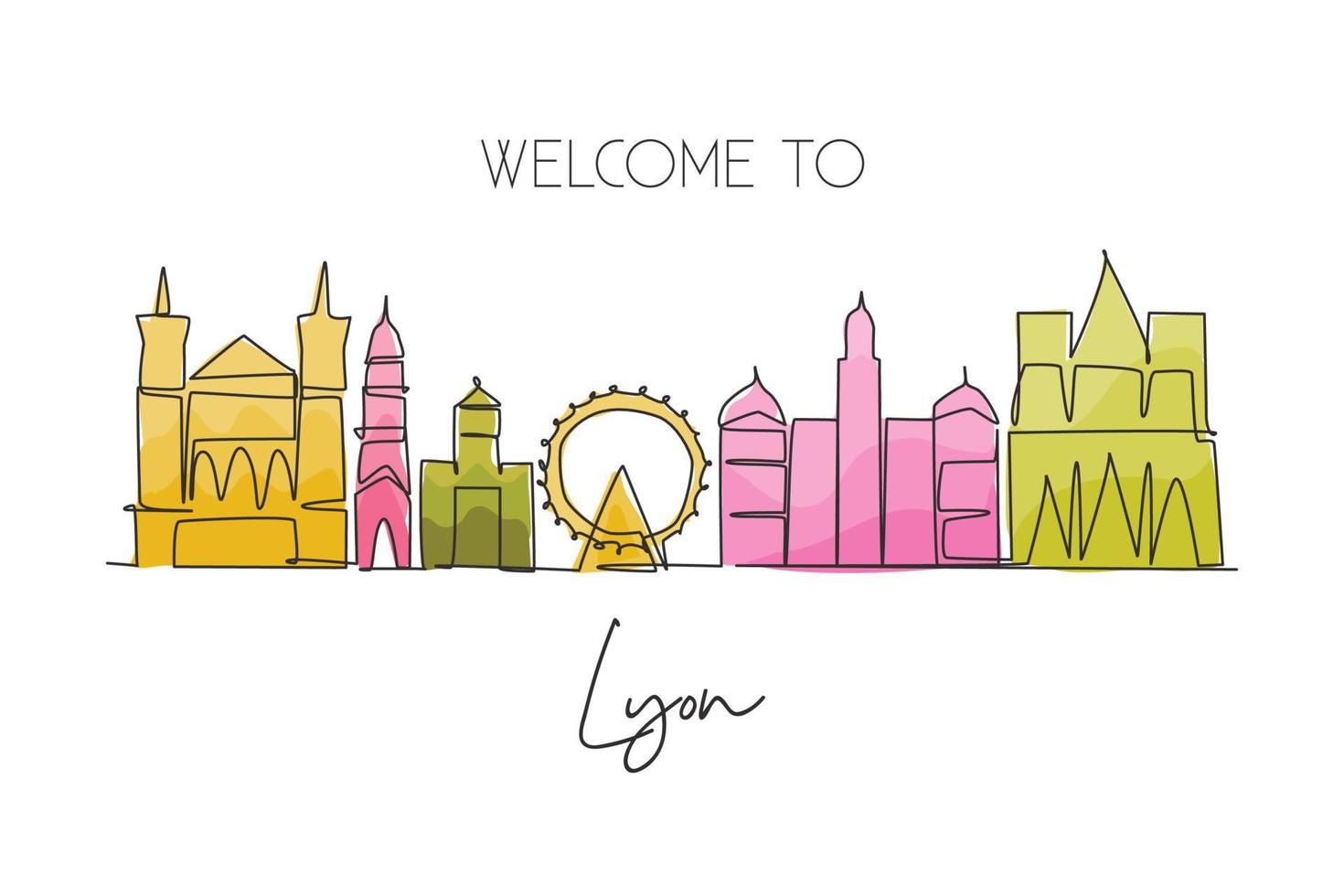 um desenho de linha contínua do horizonte da cidade de lyon, frança. belo arranha-céu. mundo paisagem turismo viagens férias decoração de parede conceito de cartaz. ilustração em vetor de design de desenho de linha única elegante