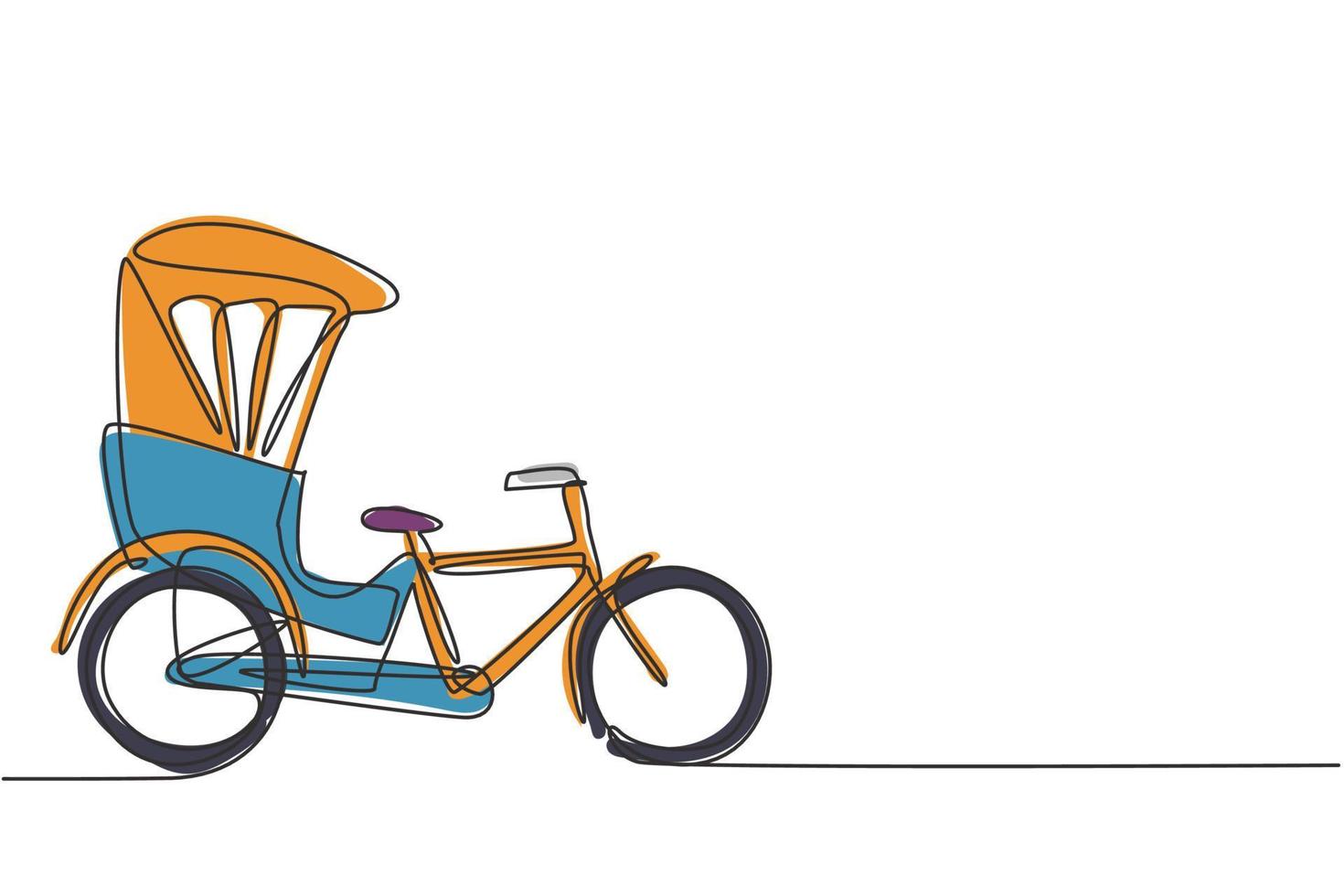 Uma única linha contínua que desenha o riquixá da bicicleta visto de lado puxa o passageiro sentado atrás dele com um pedal de bicicleta. veículo turístico. uma linha desenhar ilustração em vetor design gráfico.