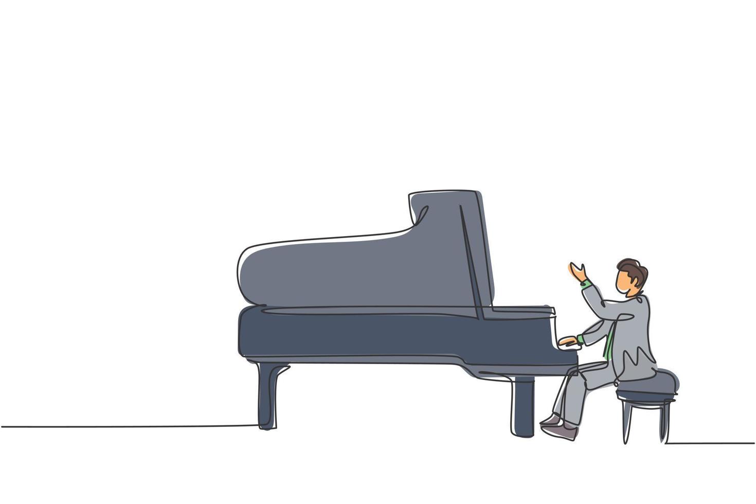 um único desenho de linha de jovem pianista masculino feliz tocando piano de cauda clássico no palco do festival de concerto de música. músico artista desempenho conceito linha contínua desenhar design ilustração vetorial vetor