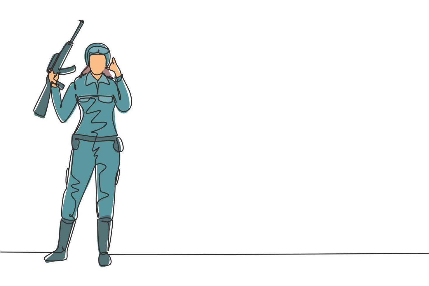 Contínuo um desenho de linha soldado feminino está com arma, uniforme e me chame de gesto servindo ao país com a força das forças militares. ilustração gráfica de vetor de desenho de linha única