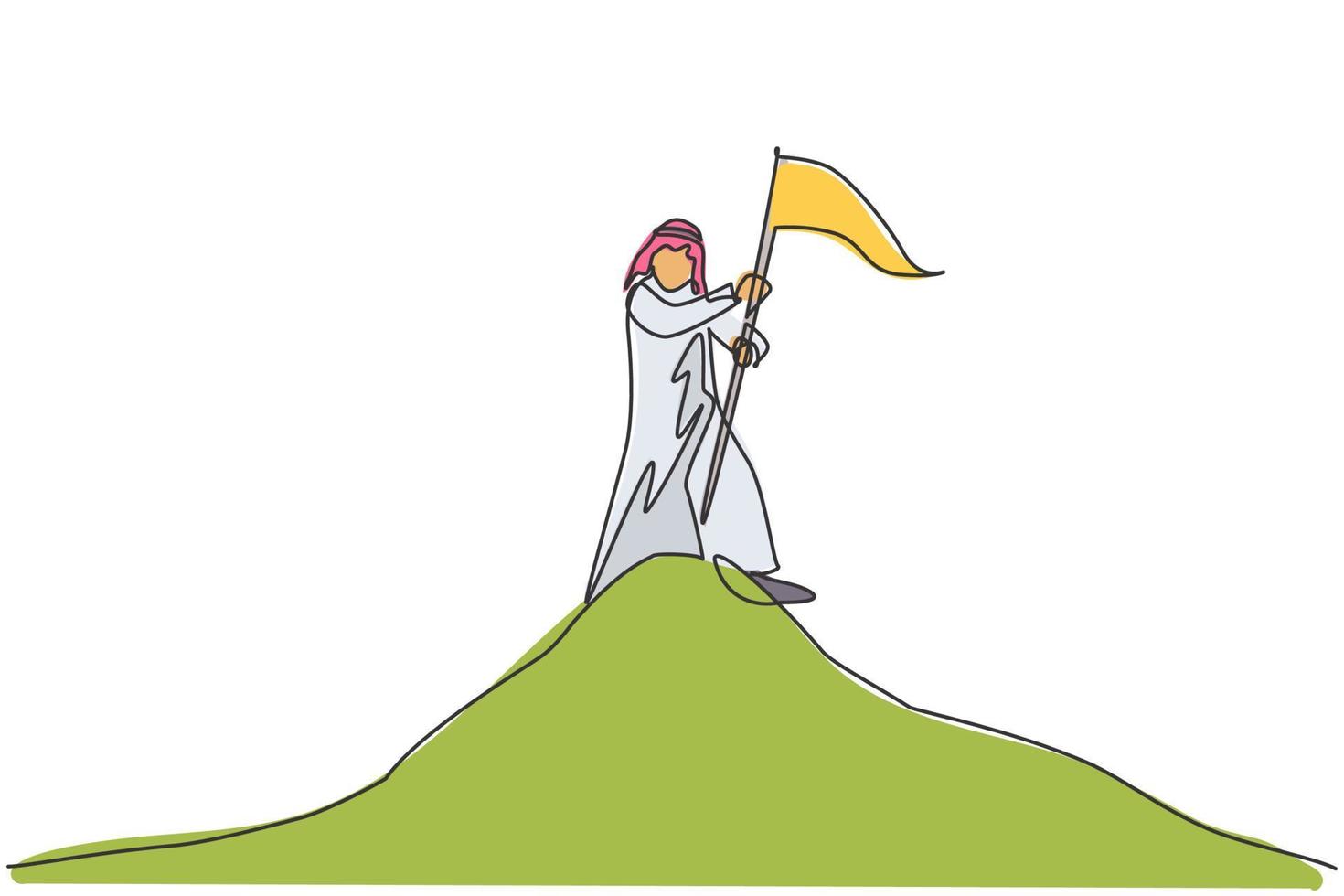 única linha contínua desenho jovem empresário árabe, plantando a bandeira do gol no topo da montanha. realização de meta de negócios. minimalismo conceito uma linha desenhar ilustração vetorial de design gráfico vetor