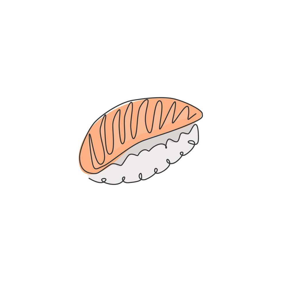 único desenho de linha contínua de rótulo de logotipo de barra de sushi estilizado fresco. conceito de restaurante de frutos do mar nigiri fresco emblema. ilustração vetorial moderna de desenho de uma linha para loja ou serviço de entrega de alimentos vetor