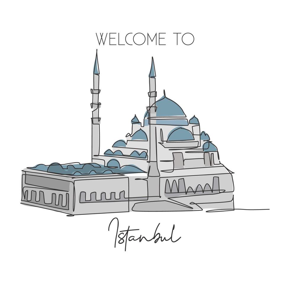 uma única linha desenhando o novo marco da mesquita. mundialmente famosa paisagem urbana icônica em Istambul, Turquia. conceito de cartaz de decoração de parede de cartão postal de viagens de turismo. ilustração em vetor design de desenho de linha contínua moderna