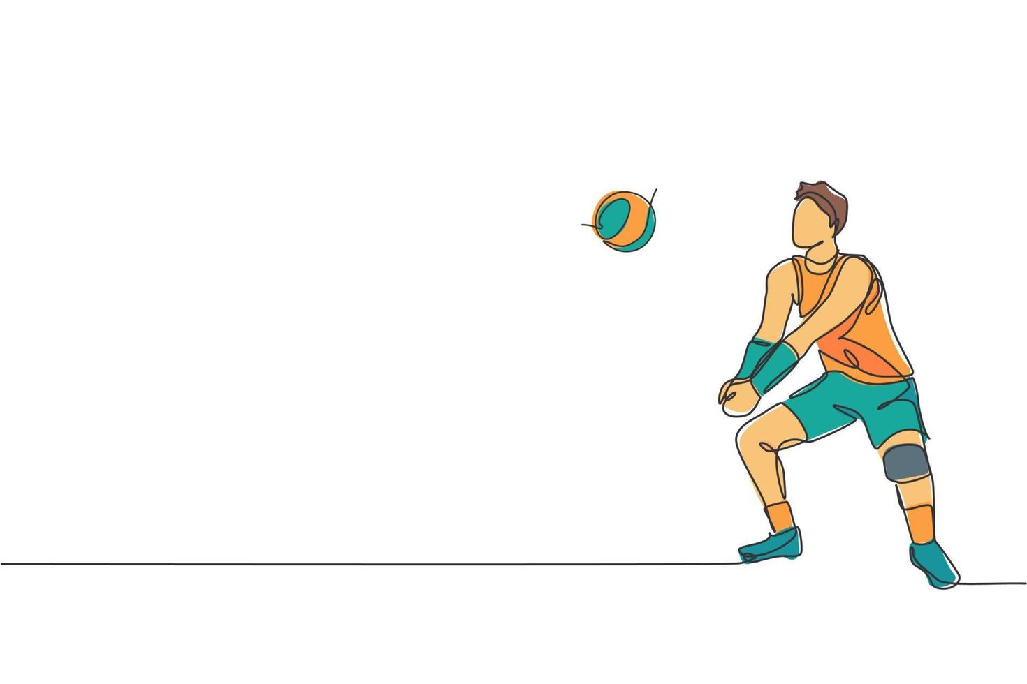 1 contínuo linha desenhando do jovem masculino profissional voleibol jogador dentro açao em tribunal. saudável competitivo equipe esporte conceito. dinâmico solteiro linha desenhar Projeto vetor gráfico ilustração