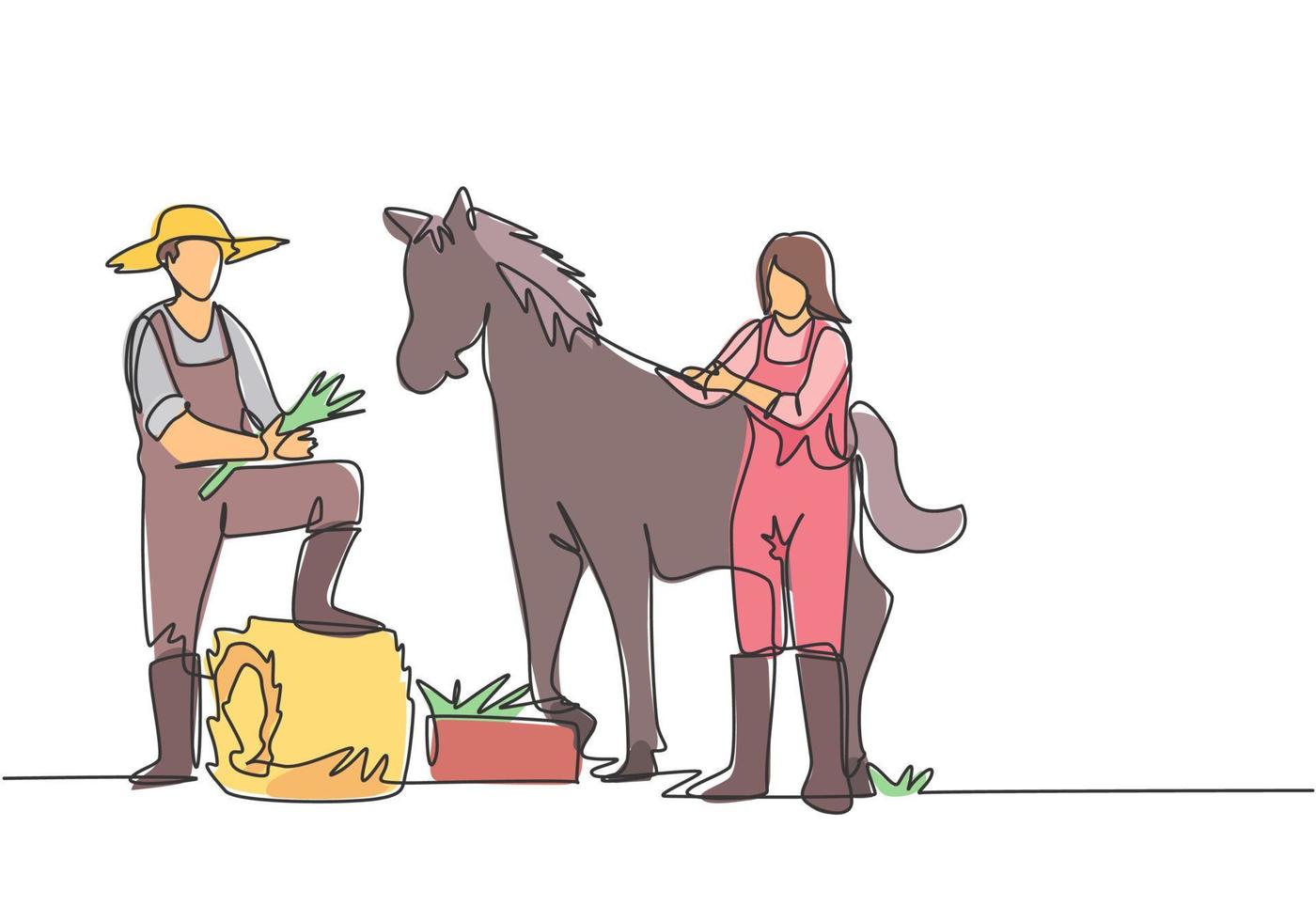 Um único desenho a linha de um fazendeiro pisou com um dos pés no feno enrolado quando estava prestes a alimentar o cavalo. uma fêmea ajuda a acariciar o cavalo. ilustração em vetor gráfico de desenho de uma linha.