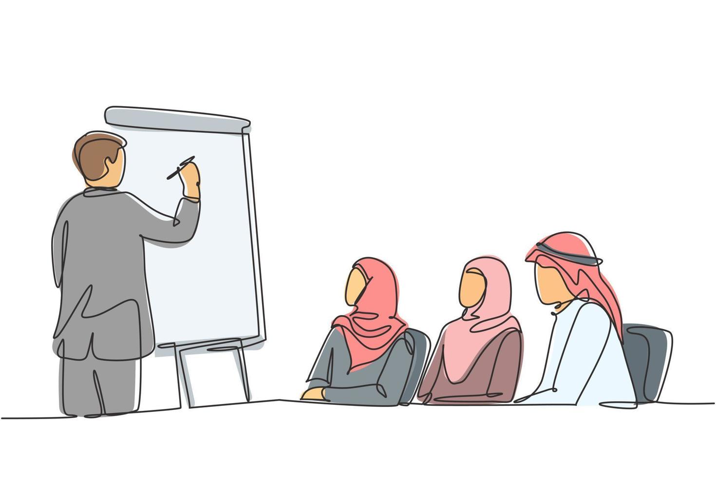 um único desenho de linha de jovem muçulmano feliz aprendendo estratégia de negócios com um consultor. pano da Arábia Saudita shmag, kandora, lenço na cabeça, thobe, ghutra. ilustração em vetor desenho desenho em linha contínua