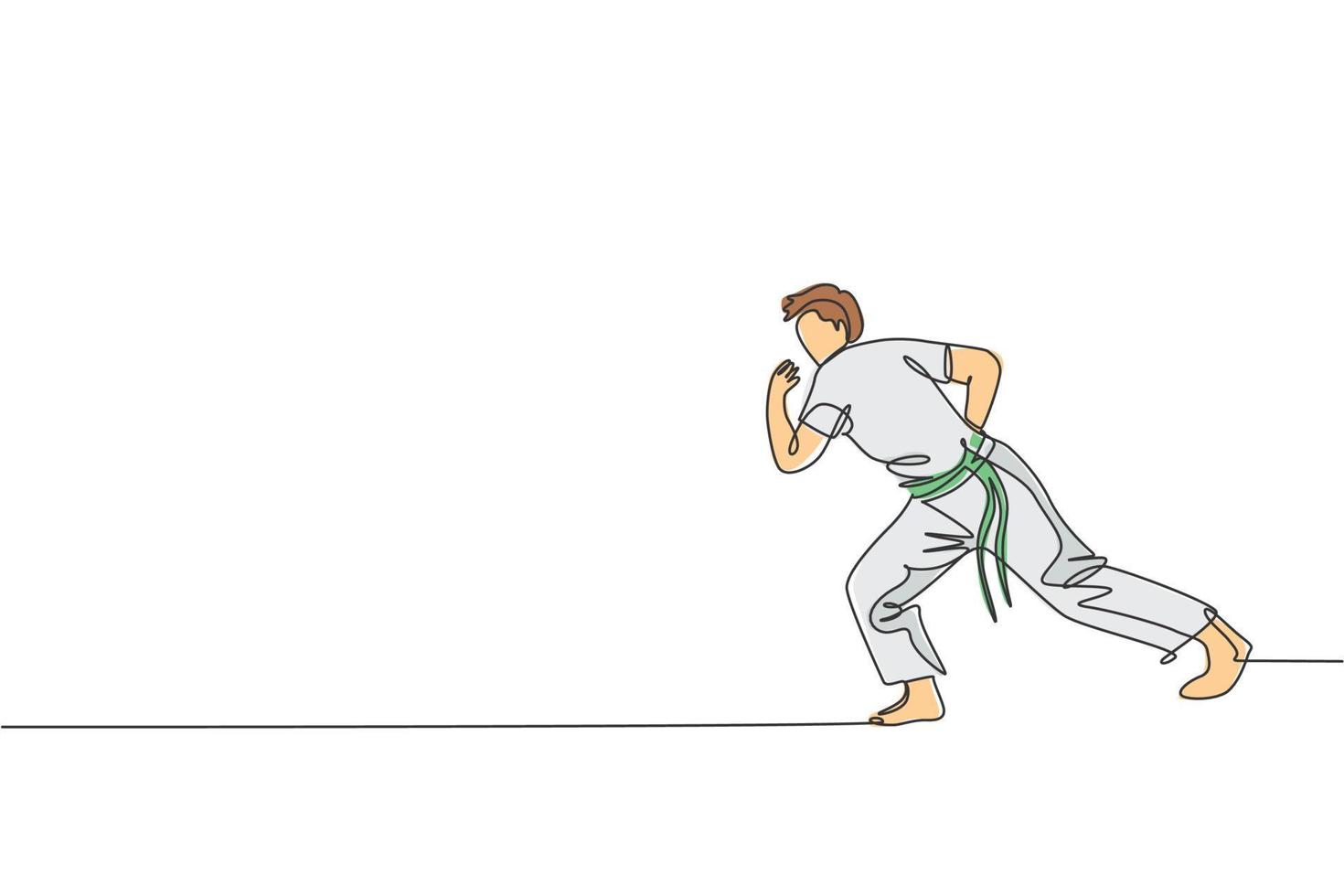 um desenho de linha contínua do jovem lutador brasileiro esportivo treinando capoeira na praia. conceito de esporte de luta tradicional saudável. ilustração em vetor design de desenho de linha única dinâmica