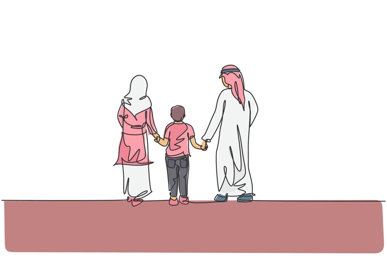 um desenho de linha única de jovem islâmica mãe e pai caminhando juntos e segurar a ilustração vetorial de mão de seu filho. conceito de parentalidade de família feliz muçulmana árabe. design moderno de desenho de linha contínua vetor