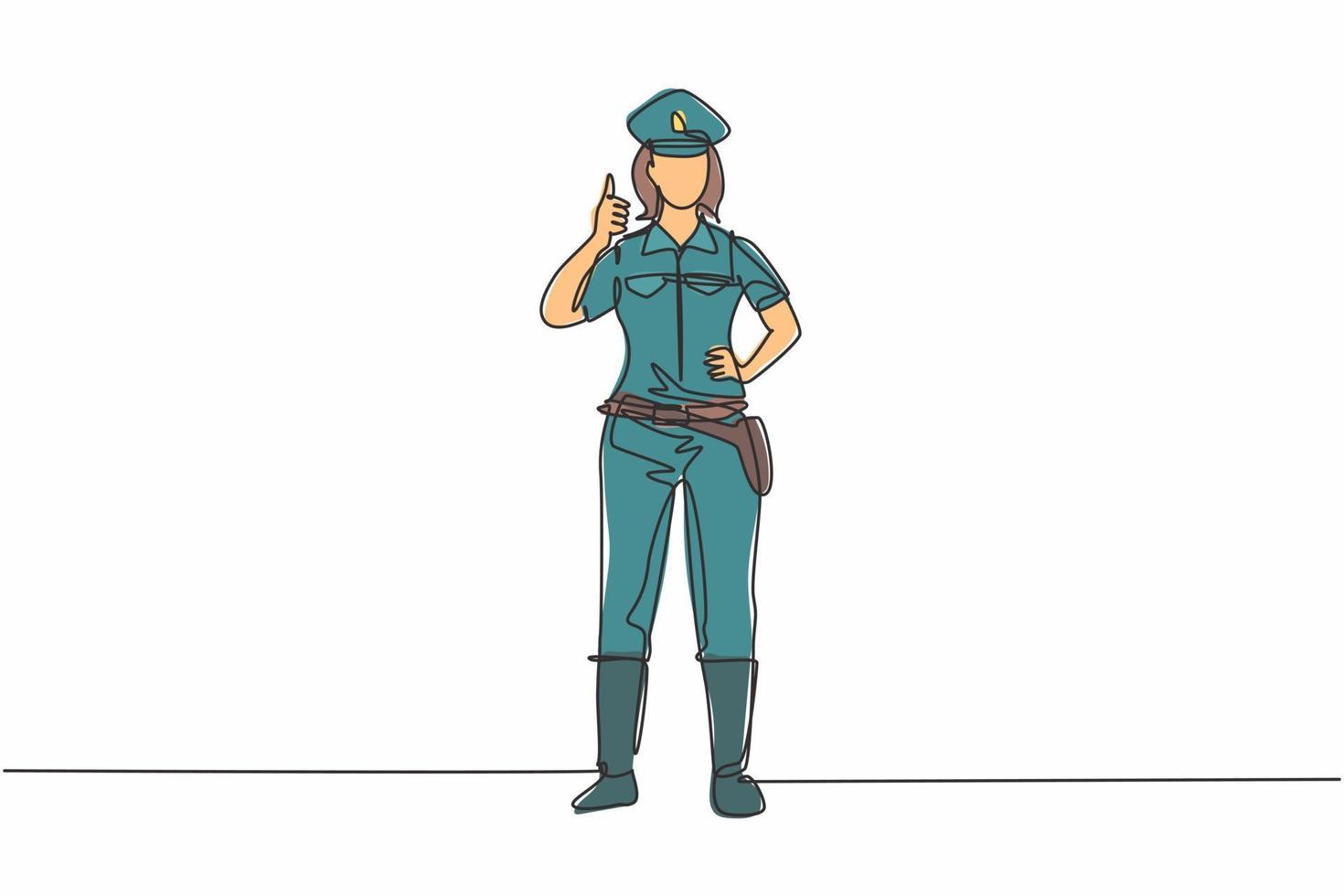 uma linha contínua desenhando a policial em pé com um gesto de polegar para cima e em uniforme completo funciona para controlar o tráfego de veículos na rodovia. ilustração gráfica de vetor de desenho de linha única