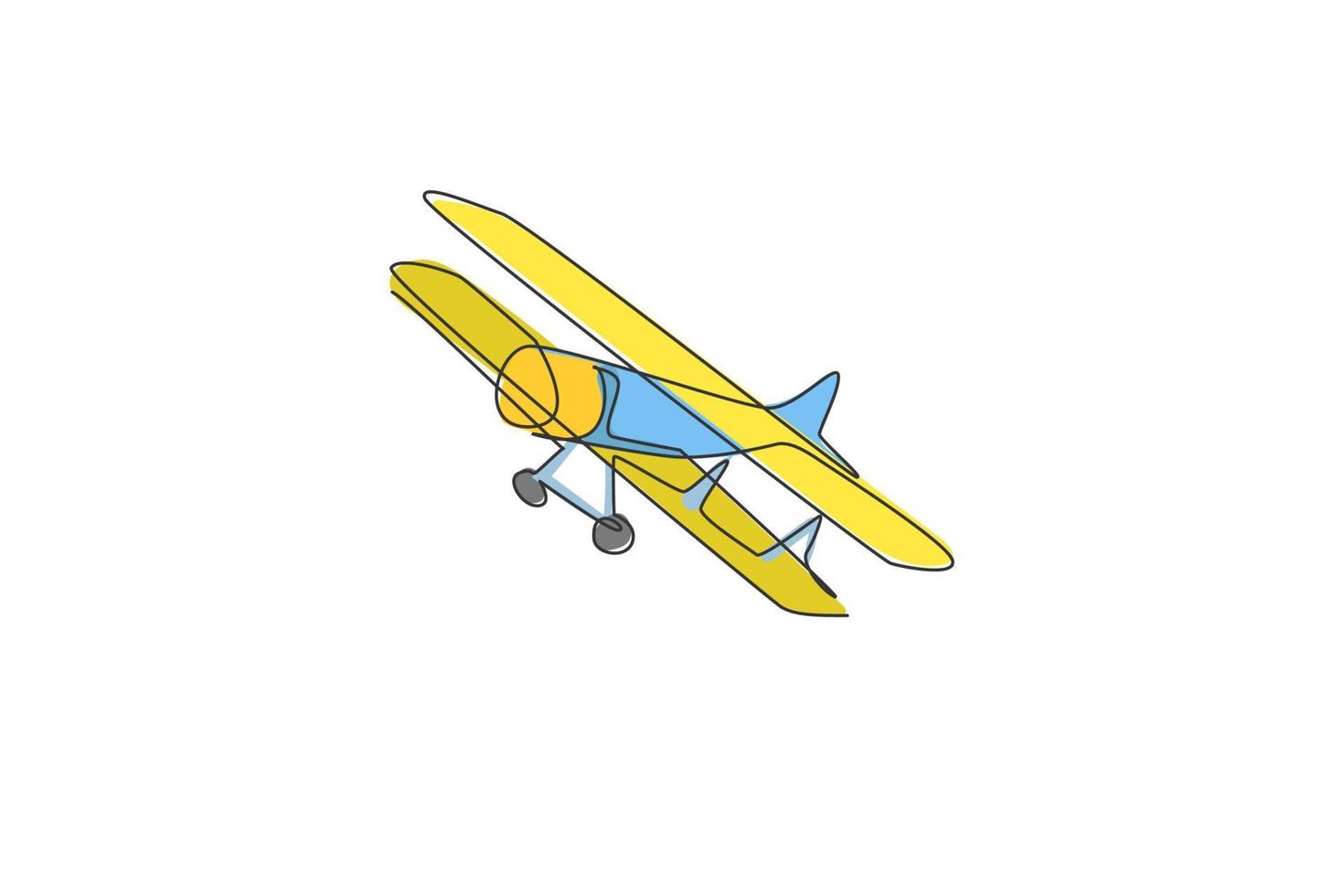 um único desenho de linha de biplano vintage voando na ilustração vetorial de céu. veículo de avião para o conceito de guerra. linha contínua moderna desenhar design gráfico vetor