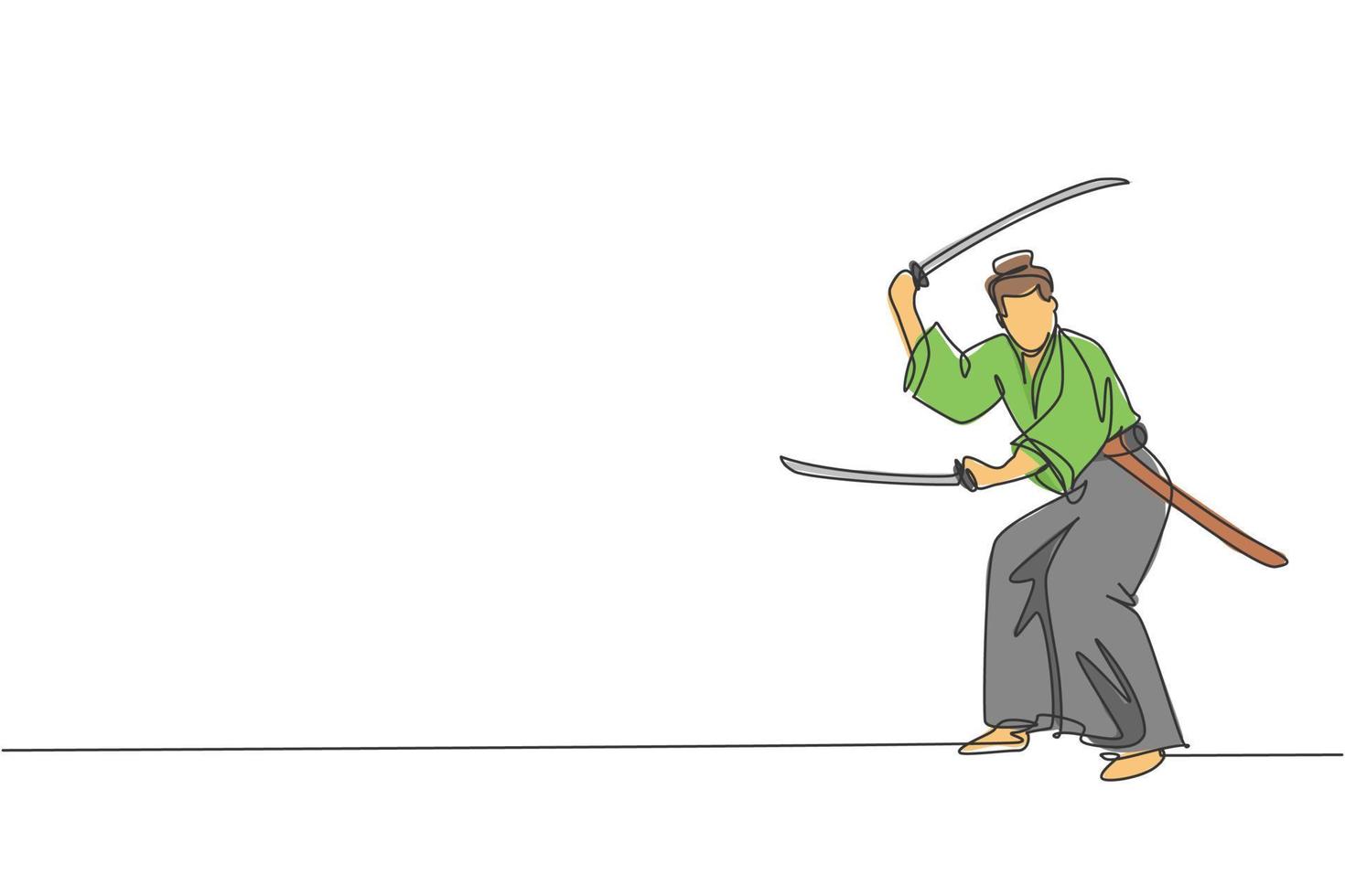 um único desenho de linha do jovem guerreiro samurai japonês segurando a espada katana praticando na ilustração vetorial gráfica do centro dojo. conceito de arte marcial combativo. design moderno de desenho de linha contínua vetor