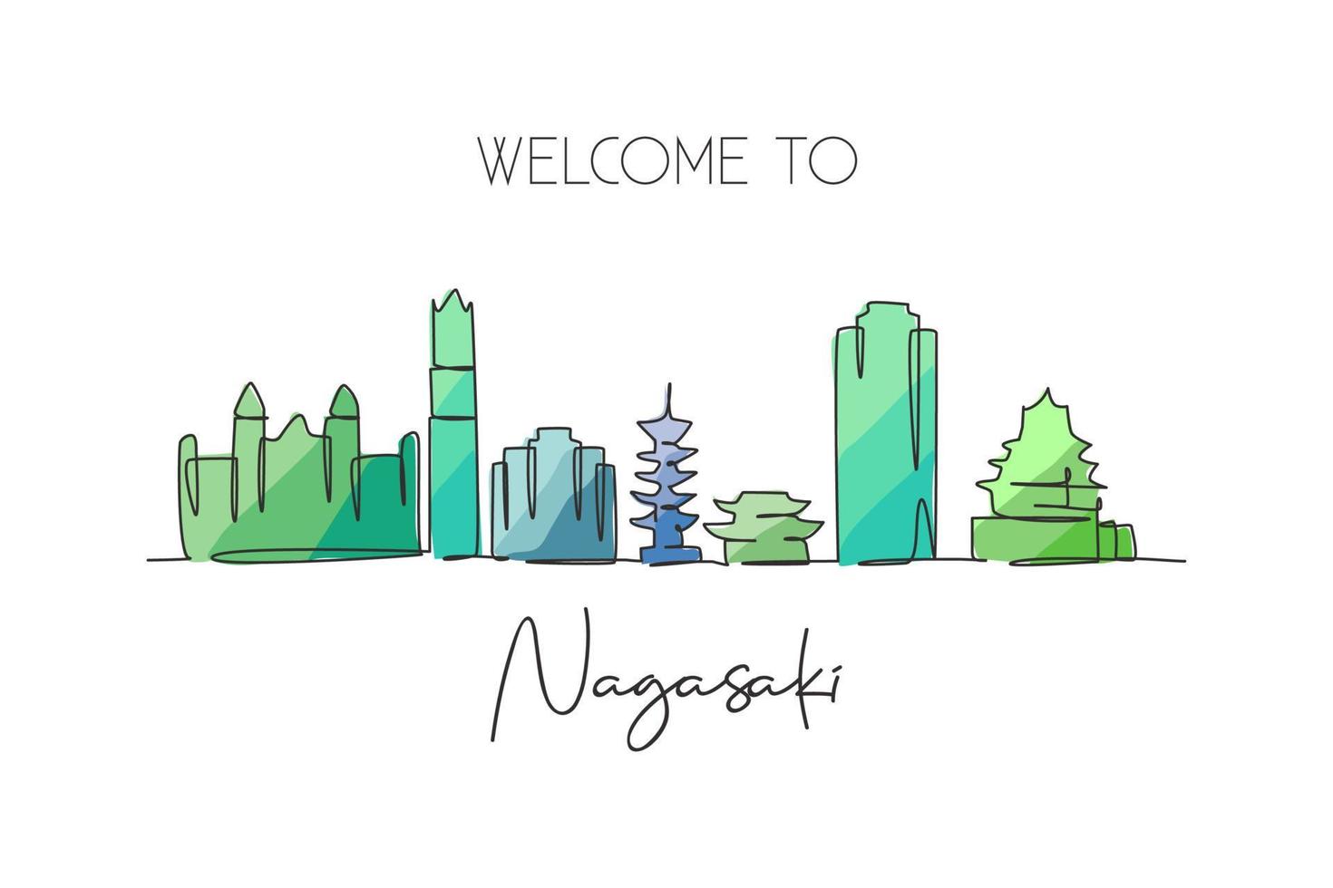 um desenho de linha contínua do horizonte da cidade de nagasaki, japão. belo marco. impressão do cartaz da arte da parede da decoração da casa do turismo da paisagem do mundo. ilustração em vetor de design de desenho de linha única elegante