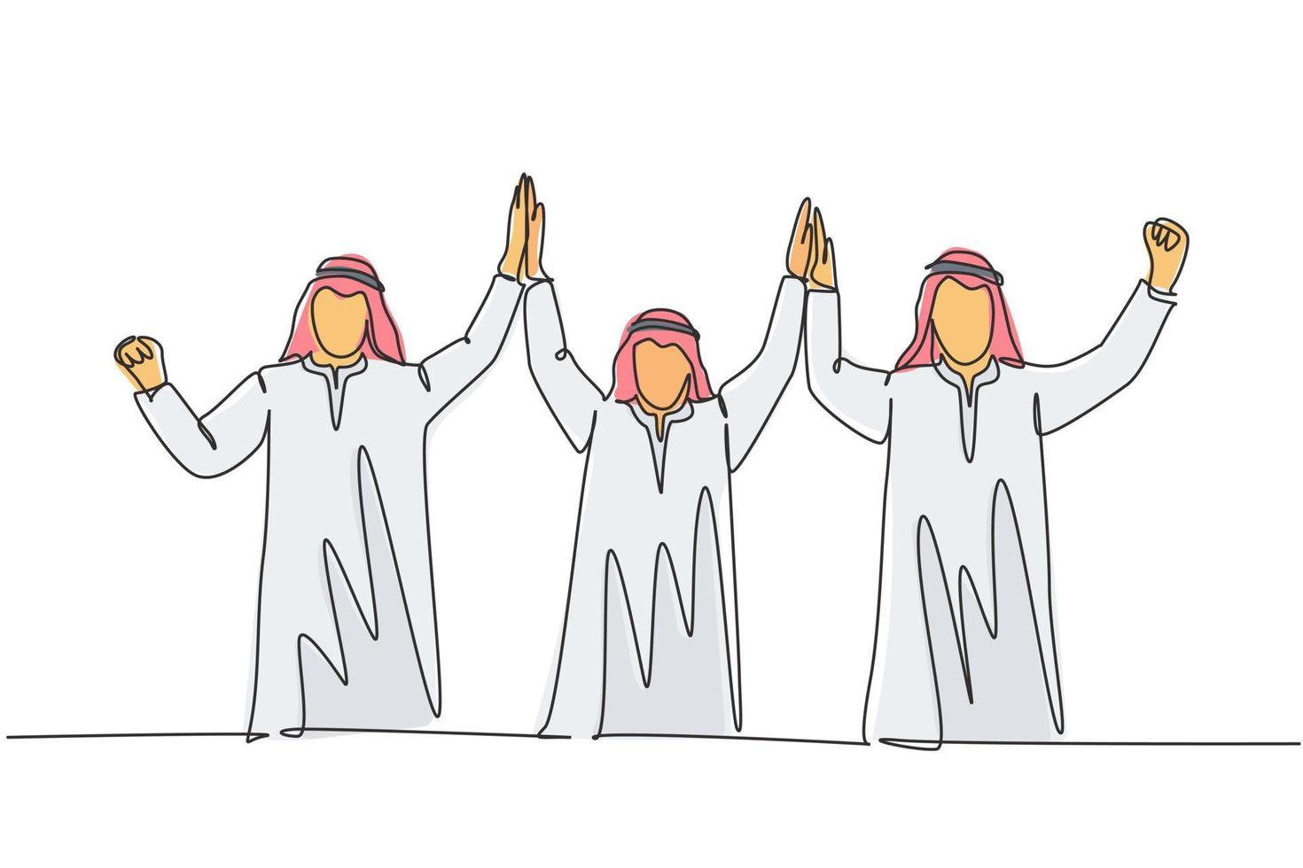 um único desenho de linha da equipe de marketing jovem muçulmano levanta a mão juntos. empresários da Arábia Saudita com shmag, kandora, lenço na cabeça, thobe, ghutra. ilustração em vetor desenho desenho em linha contínua