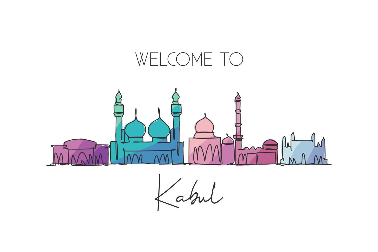 único desenho de linha contínua do horizonte da cidade de kabul, afeganistão. cópia famosa do cartaz da arte da parede da decoração da casa da paisagem do raspador da cidade. conceito de viagens pelo mundo. ilustração em vetor design de desenho de uma linha moderna