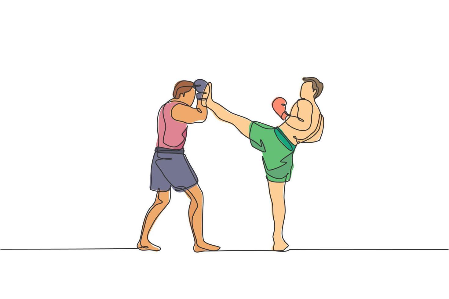 único desenho de linha contínua de luta de kickboxer jovem esportivo na arena de boxe para torneio local. conceito de esporte de kickboxing de competição de combate. ilustração em vetor design de desenho de uma linha na moda