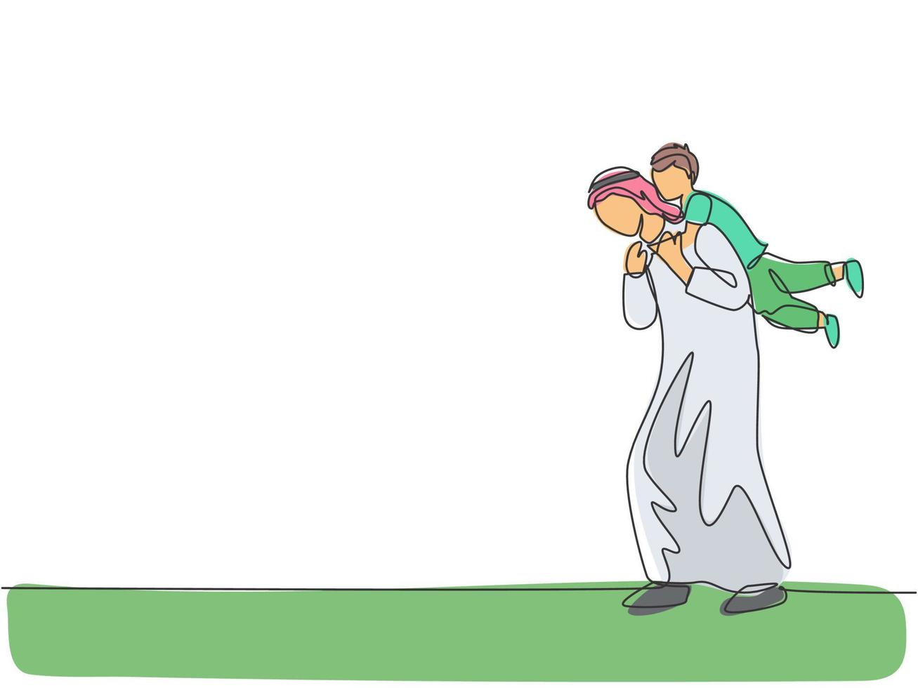 um desenho de linha contínua do jovem pai árabe brincando com o filho e segurando-o nas costas. conceito de família parental muçulmana islâmica feliz. ilustração em vetor desenho dinâmico de desenho de linha única