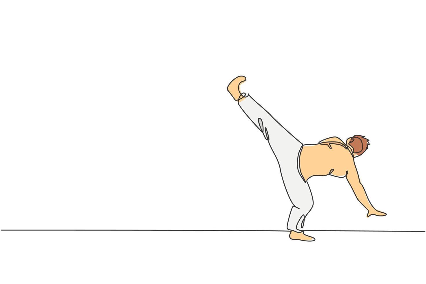 um único desenho de linha de dançarino de capoeira jovem enérgico executa ilustração em vetor gráfico de luta de dança. conceito de esporte de estilo de vida de arte marcial tradicional. design moderno de desenho de linha contínua