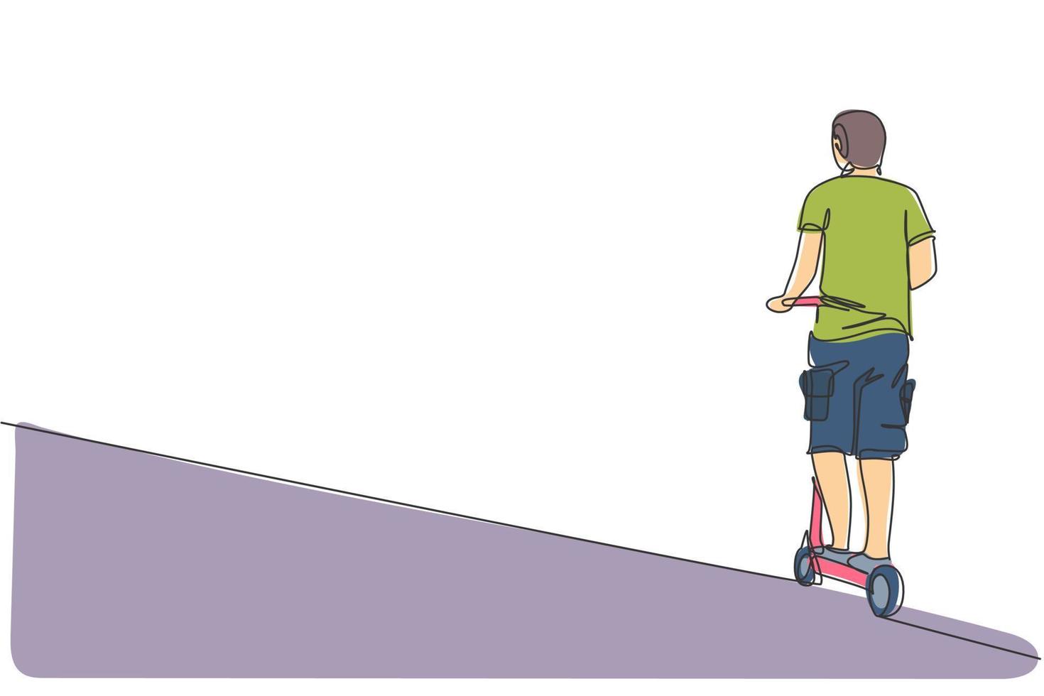 desenho de linha única contínua de homem feliz andando de scooter elétrica em área pública, vista traseira. transporte ecológico. conceito de estilo de vida urbano. ilustração em vetor desenho desenho de uma linha na moda