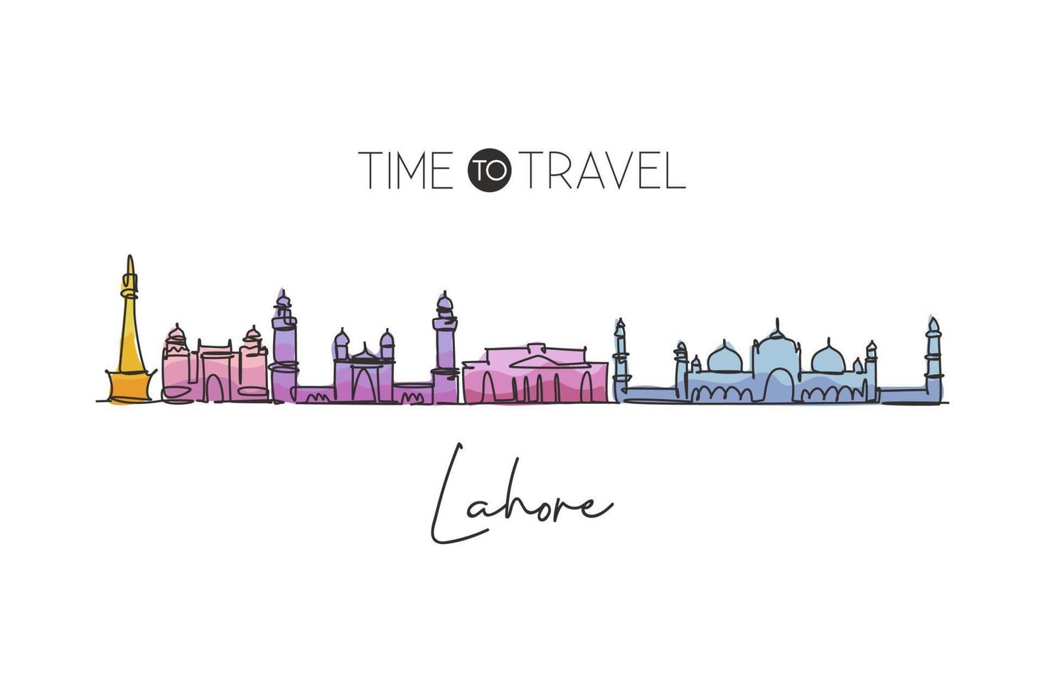 um desenho de linha contínua do horizonte da cidade de lahore, paquistão. belo marco da cidade. turismo de paisagem mundial e férias de viagem. ilustração vetorial de design de desenho de linha única de traço elegante editável vetor