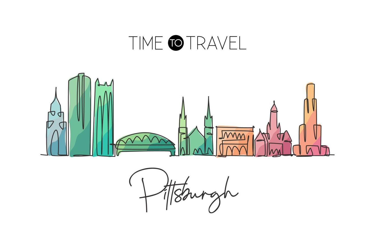 único desenho de linha contínua do horizonte da cidade de pittsburgh, pensilvânia. famosa paisagem da cidade. arte do cartaz da impressão da decoração da parede da casa do conceito de viagem pelo mundo. ilustração em vetor design de desenho de uma linha moderna