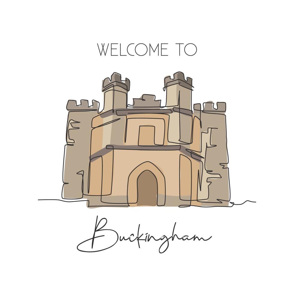 uma linha contínua desenho antigo marco da prisão de buckingham. antigo palácio em buckingham, inglaterra. conceito de impressão de cartaz de decoração de parede para casa de férias de férias. ilustração em vetor design de desenho de linha única moderna