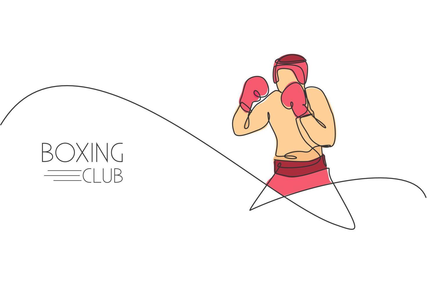 um desenho de linha contínua do jovem boxeador esportivo pratica sua postura de luta. conceito de esporte de combate competitivo. ilustração vetorial de desenho de linha única dinâmica para cartaz de promoção de luta de boxe vetor