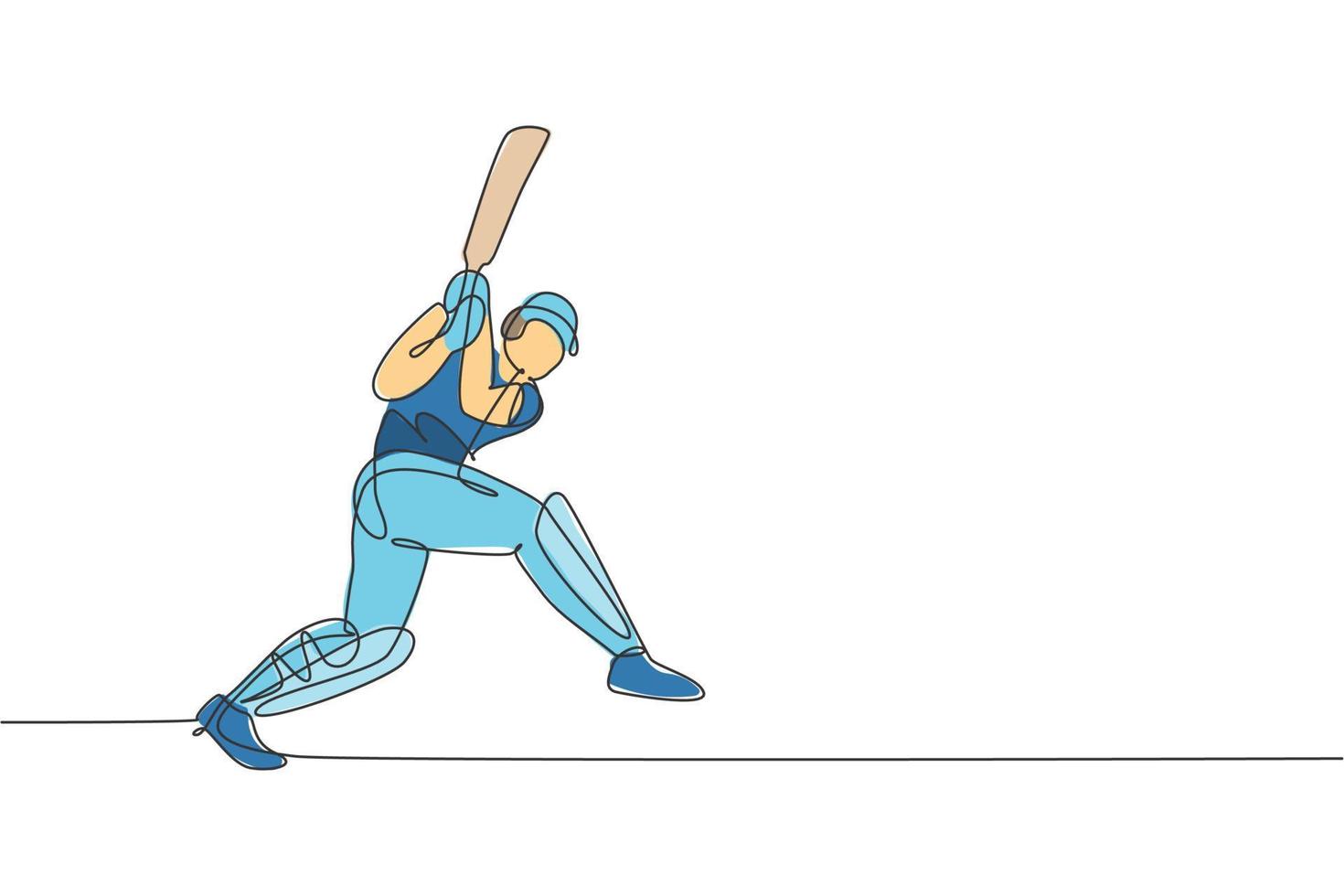 uma única linha de desenho jovem jogador de críquete enérgico bateu a bola para fazer ilustração vetorial gráfica home run. conceito de esporte. design moderno de desenho de linha contínua para banner de competição de críquete vetor