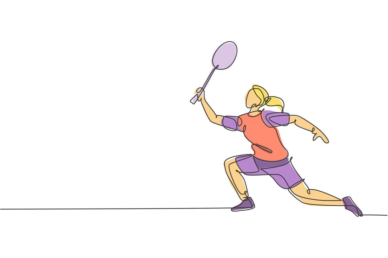 um único desenho de linha do jovem jogador de badminton energético pulando e esmagando a ilustração vetorial de peteca. conceito de esporte saudável. design moderno de desenho de linha contínua para cartaz de torneio de badminton vetor