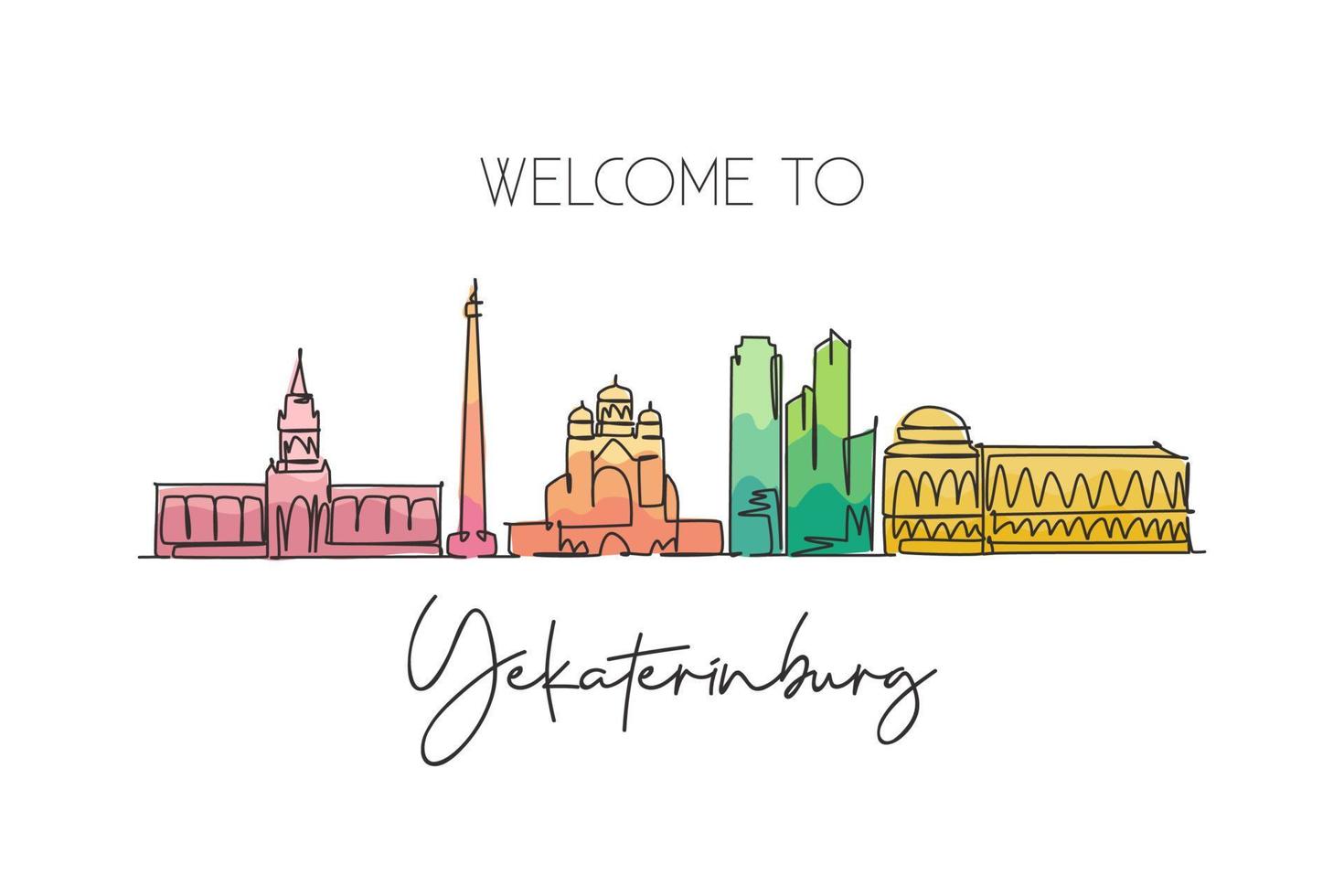 uma linha contínua desenhando o horizonte da cidade de yekaterinburg na rússia. belo cartão postal de referência. férias de viagens de turismo de paisagem mundial. ilustração vetorial de design de desenho de linha única de traço elegante editável vetor