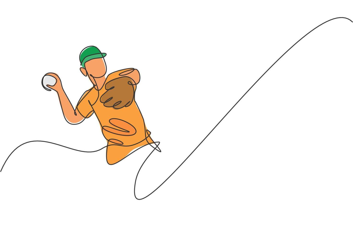 uma única linha de desenho jovem jogador de beisebol enérgico jogar a ilustração vetorial gráfico de bola de velocidade. conceito de treinamento esportivo. design moderno de desenho de linha contínua para banner de torneio de beisebol vetor