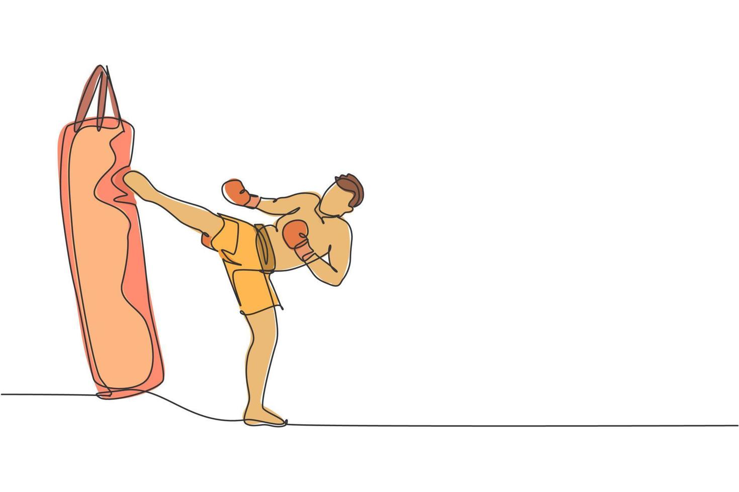 um desenho de linha contínua do jovem atleta kickboxer treinando com saco de pancadas no centro de ginástica. conceito de esporte kickboxing combativo. ilustração em vetor design de desenho de linha única dinâmica