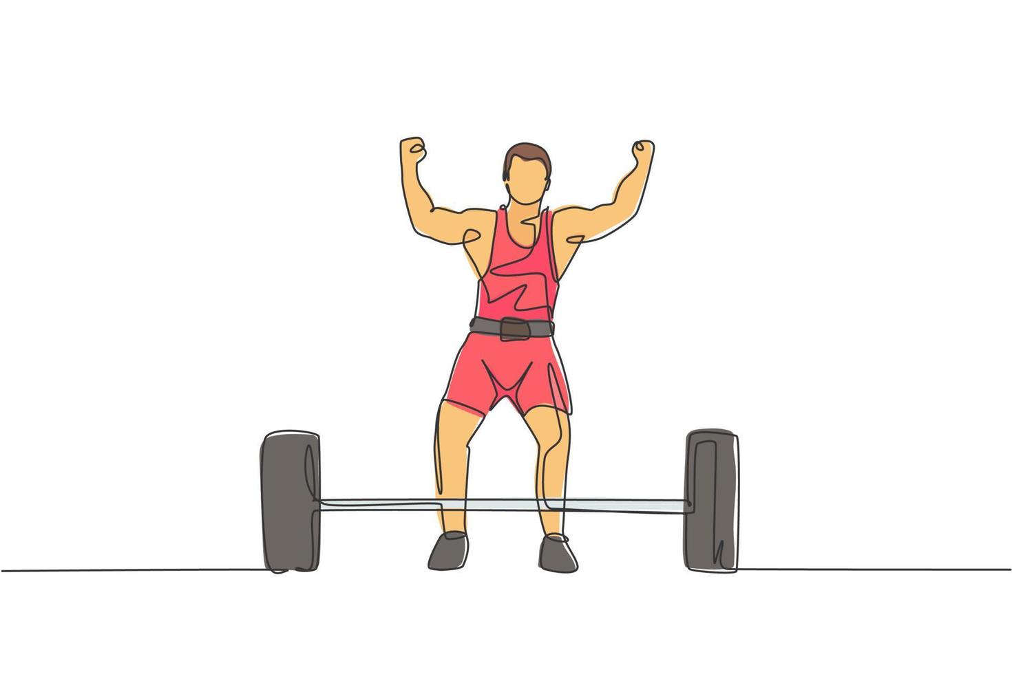 um desenho de linha contínua de homem jovem fisiculturista fazendo exercício com uma barra de peso pesado no ginásio. conceito de levantamento de peso de trem powerlifter. ilustração em vetor gráfico de desenho de linha única dinâmica