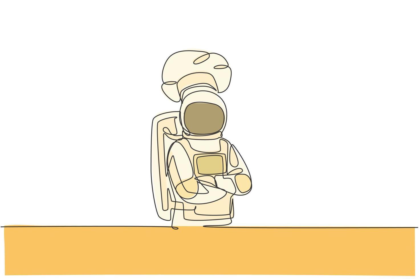 desenho de linha contínua única do jovem chef astronauta cruzando as mãos no peito, pose no café do espaço sideral. conceito de cozinha de restaurante saudável. ilustração em vetor desenho desenho de uma linha na moda