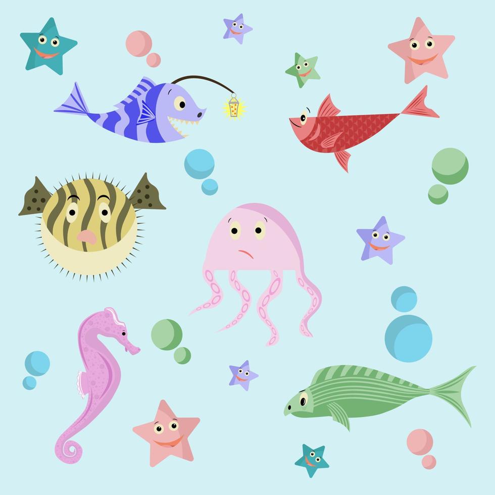conjunto do ícones com fofa mar animais e peixe. vetor ilustração.