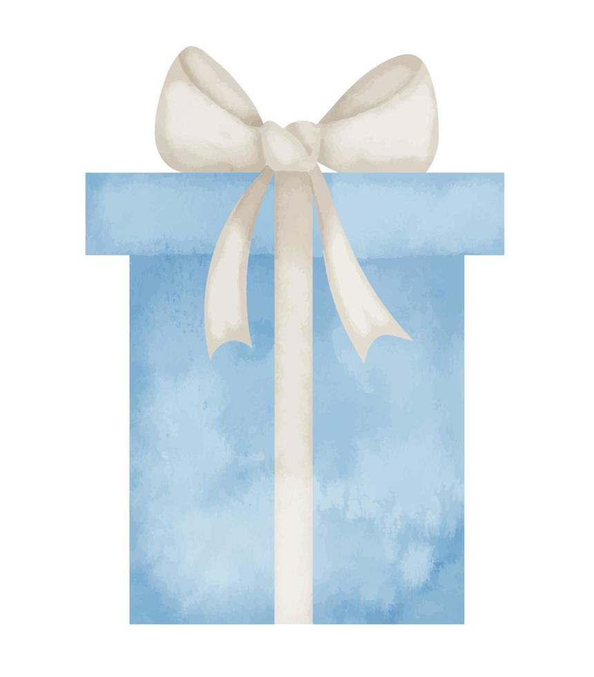aguarela presente caixa com fita dentro azul e bege pastel cores. mão desenhado ilustração do presente para feliz aniversário cumprimento cartões ou Natal convites. desenhando em isolado fundo vetor