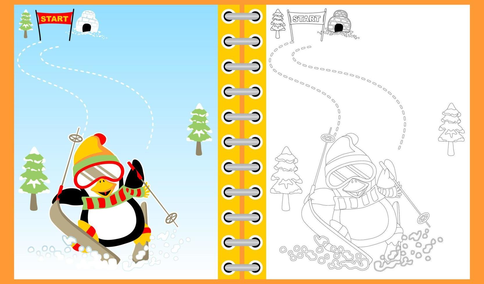 fofa pinguim desenho animado esquiar às inverno, coloração livro ou página vetor