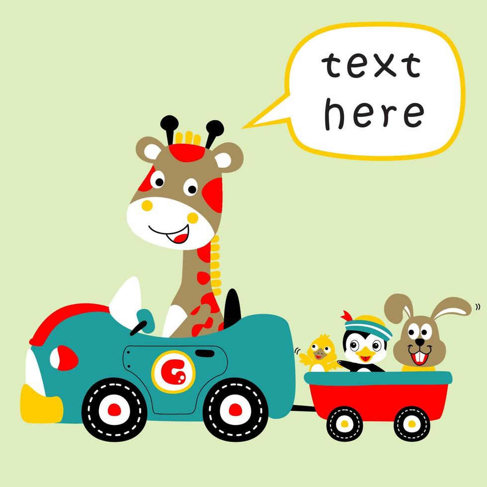 engraçado girafa dirigindo carro puxar isto amigos com carrinho, vetor desenho animado ilustração