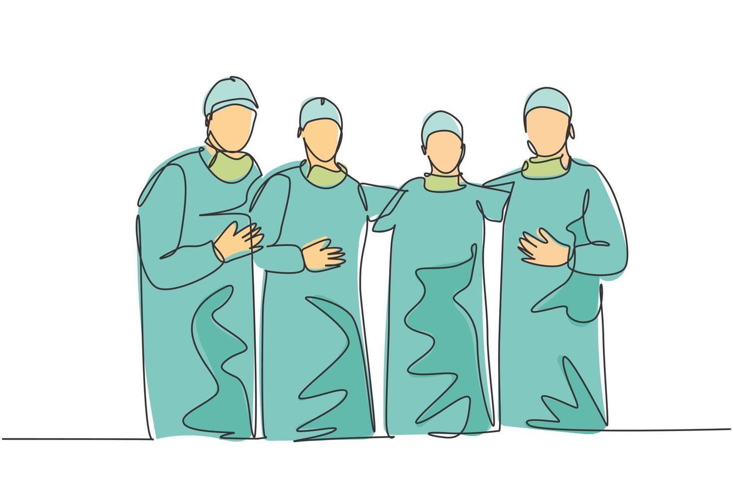 único grupo de desenho de linha única contínua de médicos cirurgiões em pé e posando depois de uma cirurgia operacional no hospital. conceito de tratamento de cuidados médicos uma linha desenhar ilustração vetorial vetor