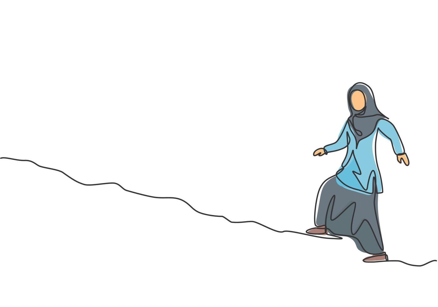 único desenho de linha de uma jovem mulher de negócios árabe caminhando na subida da rua. conceito mínimo de metáfora de desafio de negócios. moderna linha contínua desenhar design gráfico ilustração vetorial. vetor