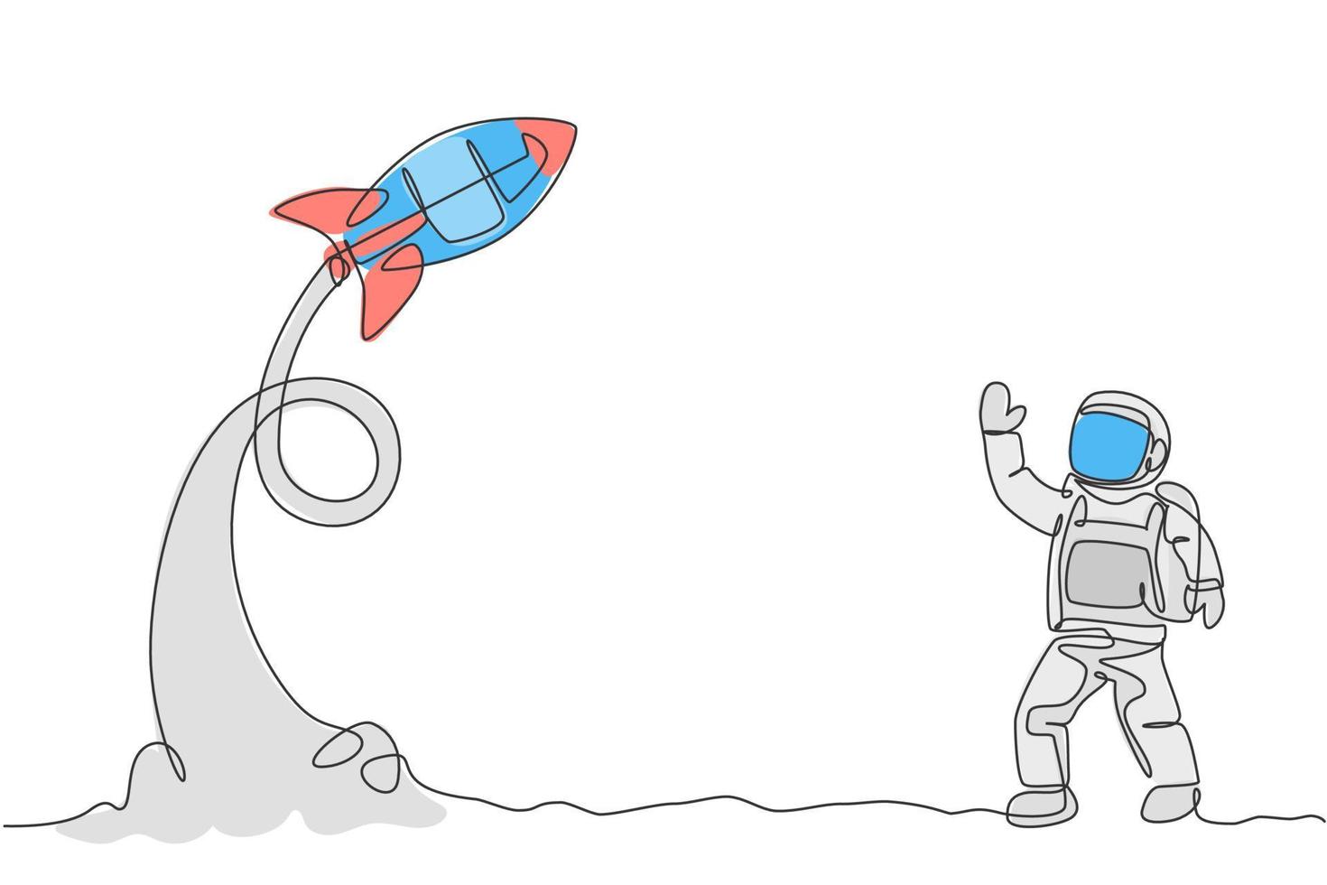 um desenho de linha contínua da ciência do astronauta do astronauta na terra da lua acenando com a mão para decolar o foguete. exploração cosmonauta do conceito de espaço sideral. ilustração em vetor desenho dinâmico de desenho de linha única
