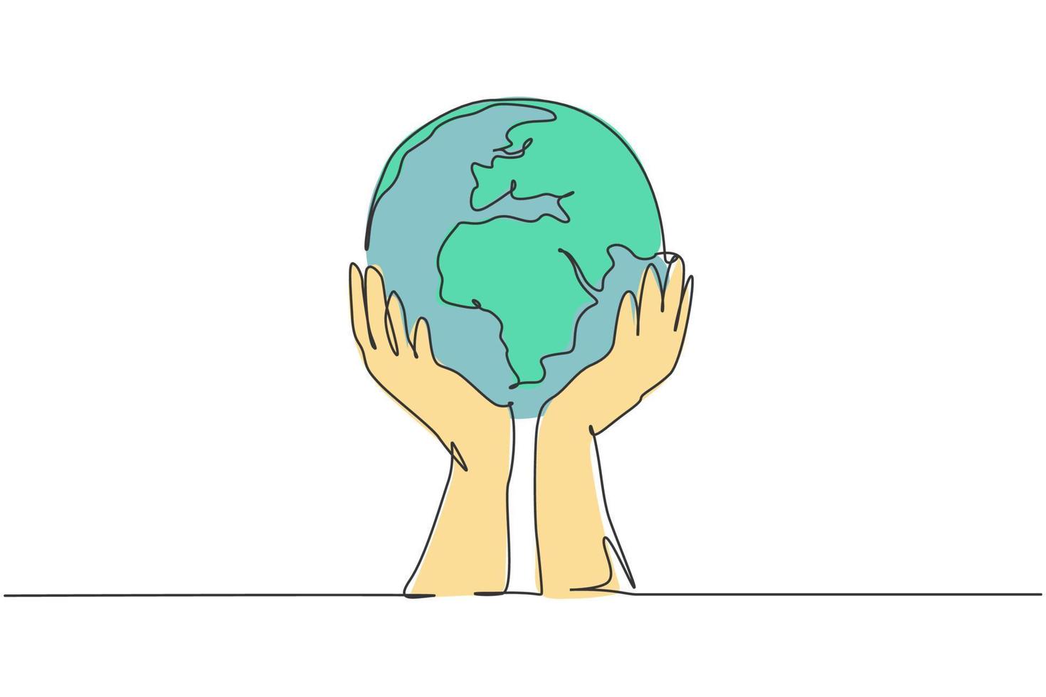 as mãos seguram a terra. ícone gráfico do mapa global do mundo de linha única contínua. doodle de uma linha simples para o conceito de organização sem fins lucrativos. ilustração vetorial isolado design minimalista em fundo branco vetor