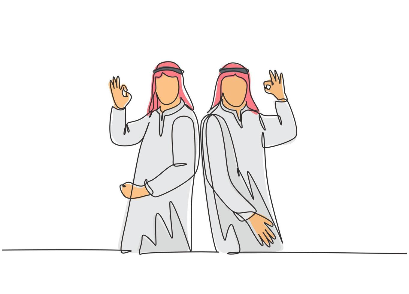 um único desenho de linha de jovens funcionários muçulmanos felizes dar ok, tudo bem com o gesto de mãos. empresários da Arábia Saudita com shmag, lenço na cabeça, thobe, ghutra. ilustração em vetor desenho desenho em linha contínua