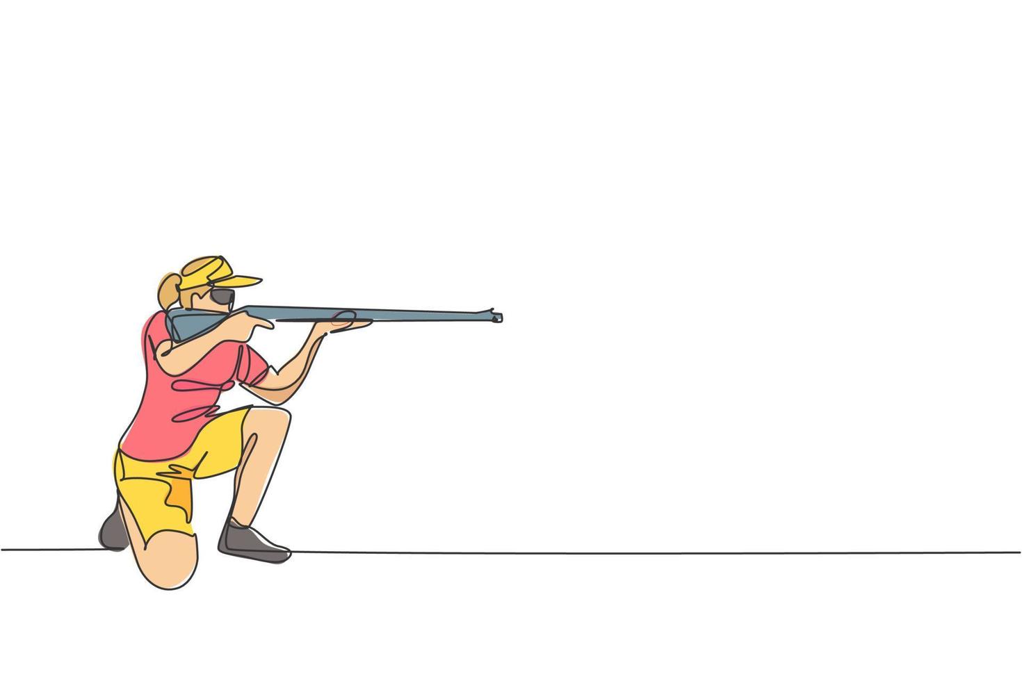 um desenho de linha contínua de jovem na prática de treinamento de tiro para competição com espingarda de espingarda. conceito de esporte de tiro ao ar livre. ilustração em vetor design de desenho de linha única dinâmica