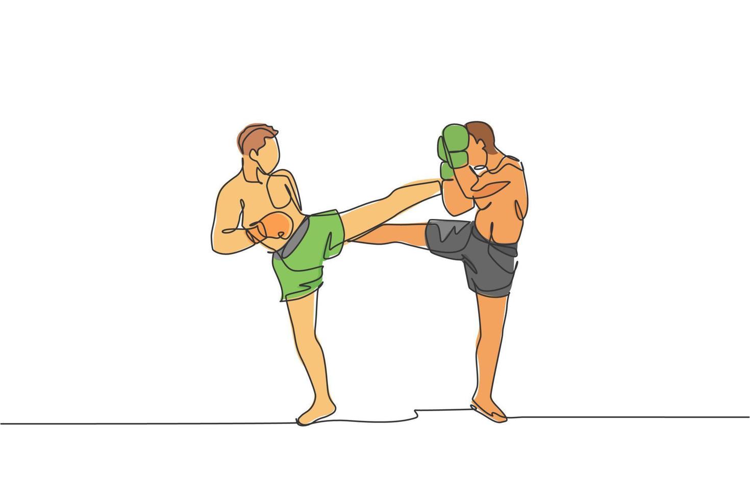 um desenho de linha contínua de atleta kickboxer jovem desportivo luta seriamente na competição nacional. conceito de esporte kickboxing combativo. ilustração em vetor design de desenho de linha única dinâmica