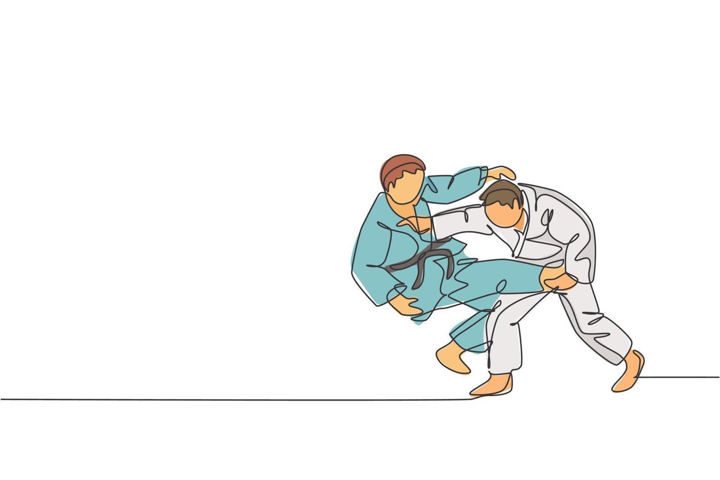 único desenho de linha contínua de dois jovens lutadores de judoca esportivos praticam habilidade de judô no centro de ginástica do dojo. lutando jiu-jitsu, conceito de esporte aikido. ilustração em vetor design de desenho de uma linha na moda