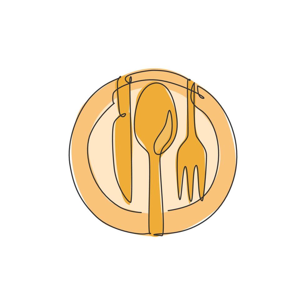 um único desenho de linha de faca de prato, garfo e faca para gráfico de ilustração vetorial de logotipo de restaurante. conceito de distintivo de café de luxo. logotipo de arte de loja de alimentos design de desenho de linha contínua moderno vetor