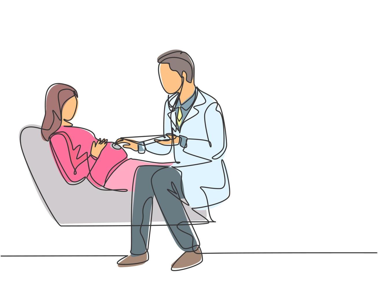 um desenho de linha contínua do médico de obstetrícia e ginecologia masculino verificando a jovem mãe grávida que estava deitada no sofá. gravidez, saúde, tratamento, conceito, única linha, desenho, vetorial, ilustração vetor